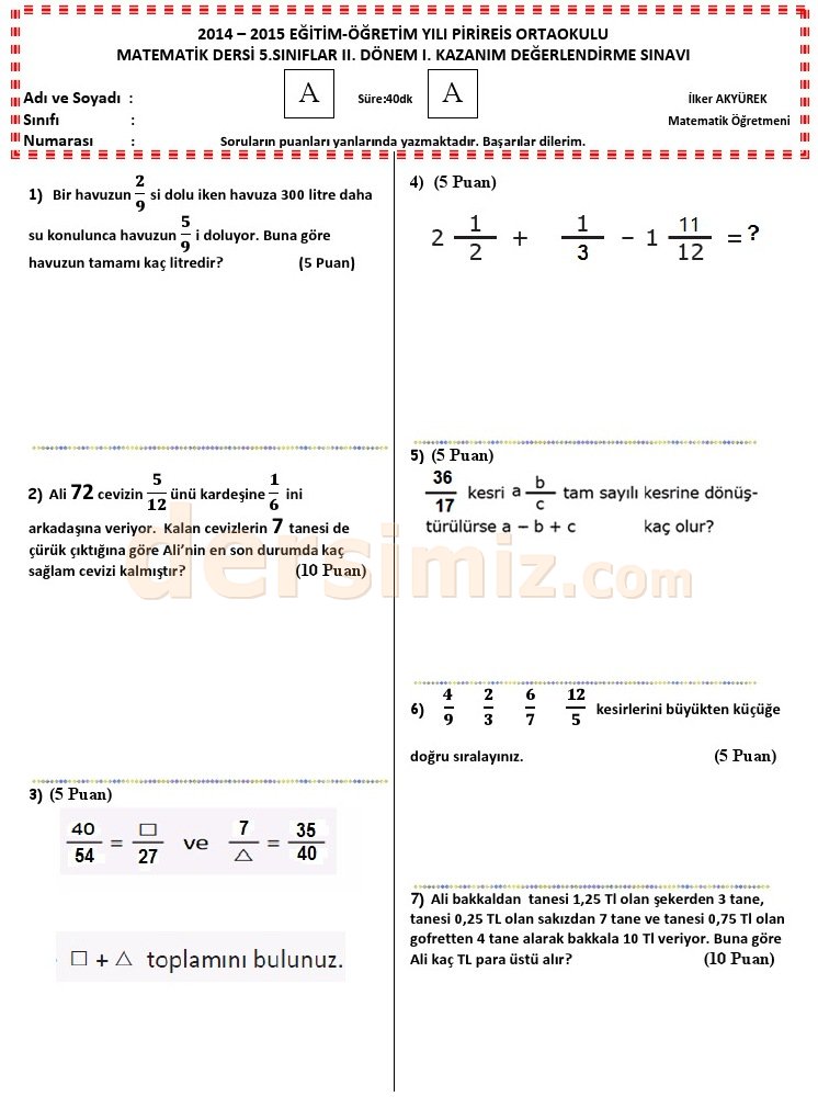 5.Sınıf matematik dersi 2.dönem 1.yazılı sınav soruları